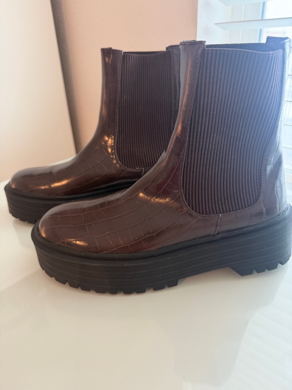 Boohoo Croc-Embossed Platform Chelsea Boots in Dark Brown